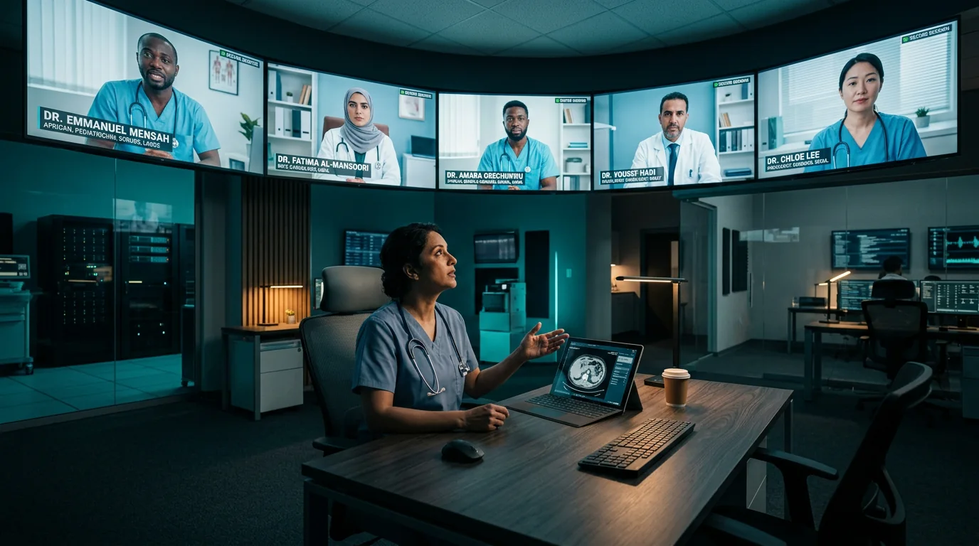 Concept illustration of clinicians collaborating through a secure regional coordination centre.