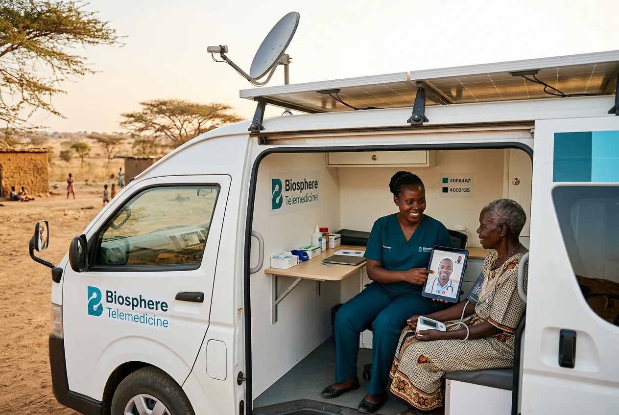 Concept illustration of a mobile telemedicine clinic serving a rural community.
