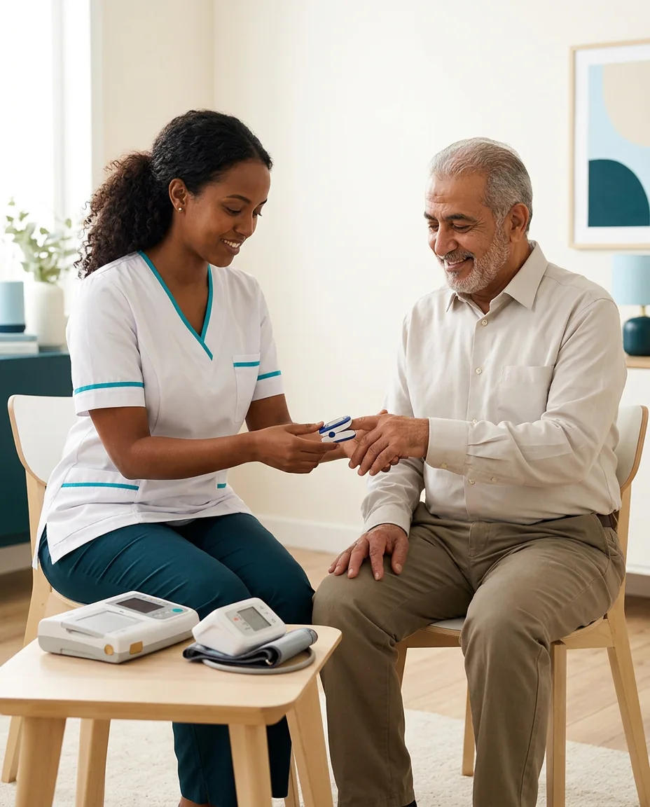 A nurse helping a patient use a device for home health monitoring.