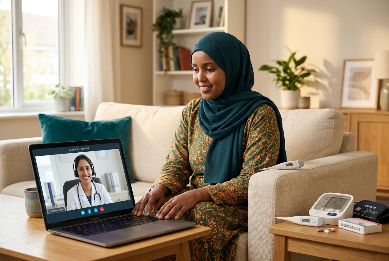 A patient joining a telemedicine consultation from home.