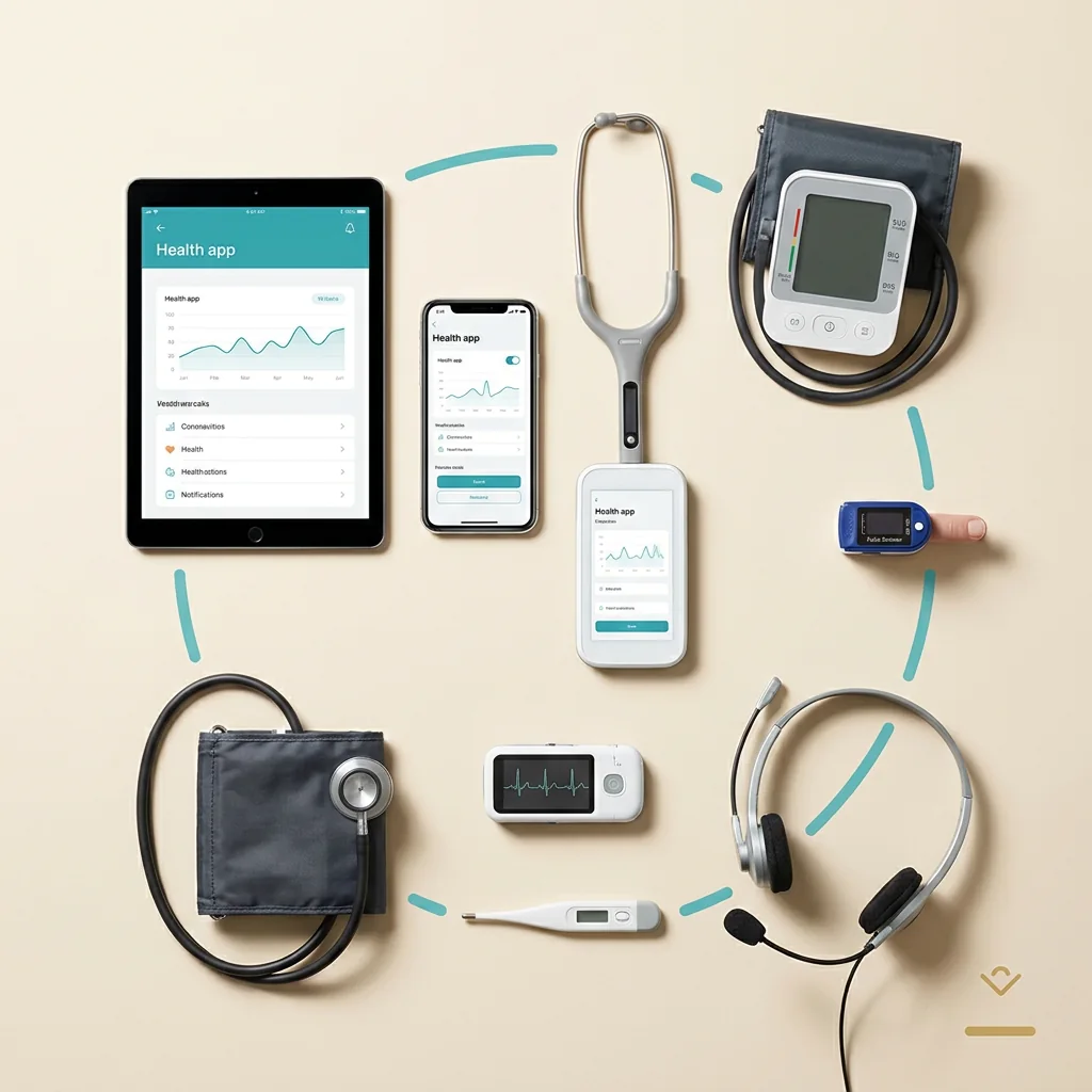 Illustration of remote-care devices including blood-pressure monitoring and communication equipment.
